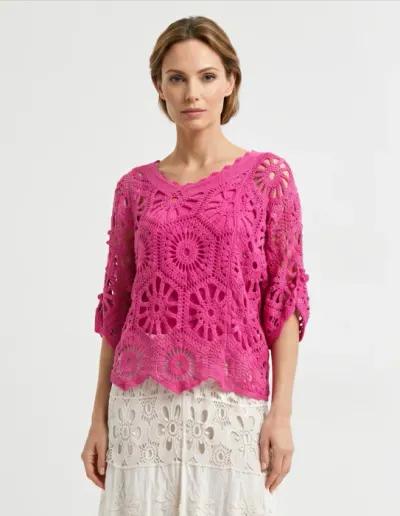 Bluza de vara cu broderie din bumbac, croi lejer, fucsia