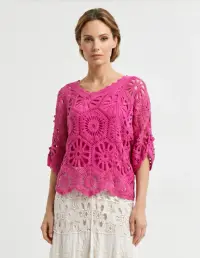 Bluza de vara cu broderie din bumbac, croi lejer, fucsia