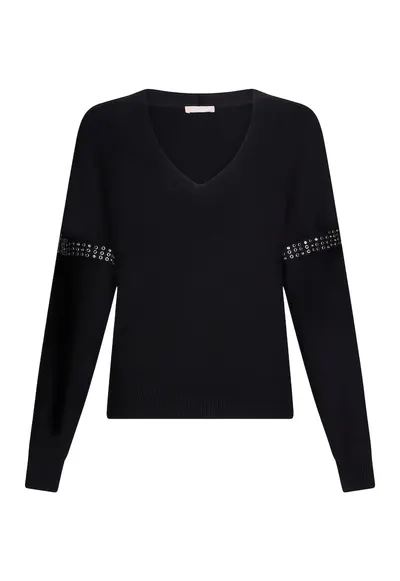 Pulover cu decolteu in V si aplicatie - Negru