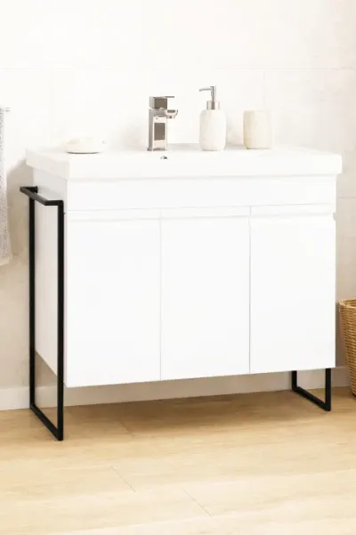 Set Baza front MDF si Lavoar seria 786, cadru metalic, montata, 90 cm, alb