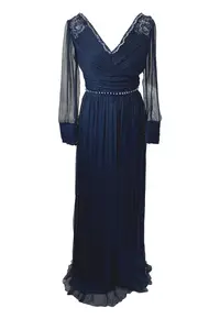Rochie maxi din matase cu detalii brodate Jacqueline - Bleumarin