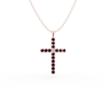 Lant cu pandantiv cruce din aur roz cu rubine de 1.3ct si diamant de 0.07ct