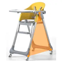 Scaun de masa Little Mom SmartFold Yellow 2 in 1 cu roti, pliabil, cos pentru accesorii, centura siguranta, margini rotunjite, suport picioare, tava dubla