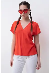 Tricou cu decolteu in V Bella - Rosu vermillion