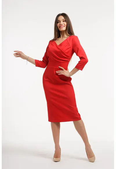 Rochie midi cu decolteu in V si slit pe spate - Rosu vermillion