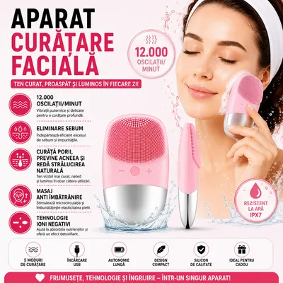 Dispozitiv de curatare faciala portabil, 12000 oscilatii/minut, viteza ajustabila, acumulator 400mAh, tehnologie cu ioni negativi STH-55