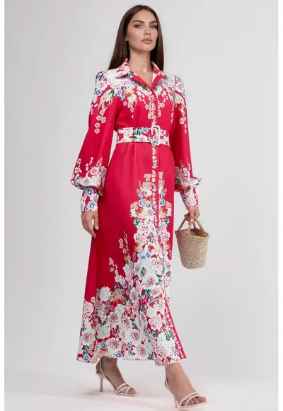 Rochie Maxi - Floral - Rosu - Poliester - Maneca lunga