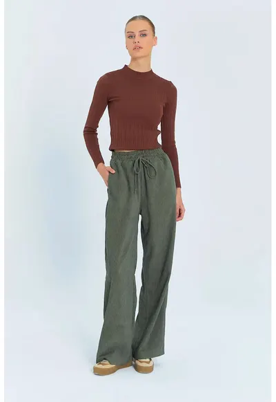 Pantaloni dama Wide Leg catifea snur talie kaki S - Kaki