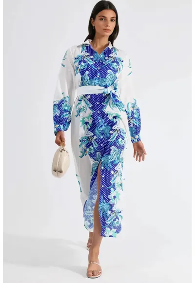 Rochie midi MSN cu imprimeu floral - maneca lunga - poliester - alb/albastru