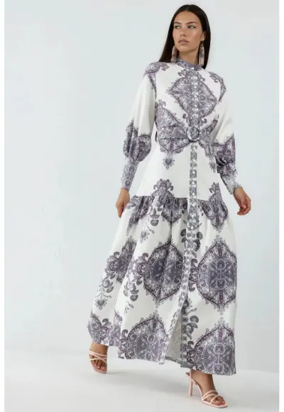 Rochie Maxi - Imprimeu Paisley - Maneca lunga - Gri - Poliester cu Lycra