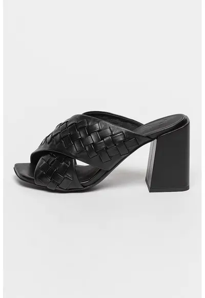 Papuci de piele cu aspect impletit si toc Gerla - Negru