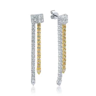 Cercei din aur alb-galben cu diamante galbene si incolore pear si rotunde de 8.23ct