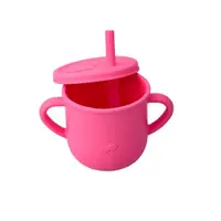Set diversificare pentru copii Castron, farfurie elefant din bambus cu lingurita, cana cu pai si baveta Oaki Roz