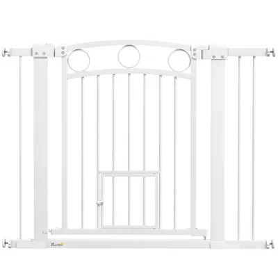 PawHut Barieră de Siguranță Interioară pentru Câini cu 2 Extensii și Ușă pentru Pisici, 76-104x77 cm, Alb | Aosom Romania