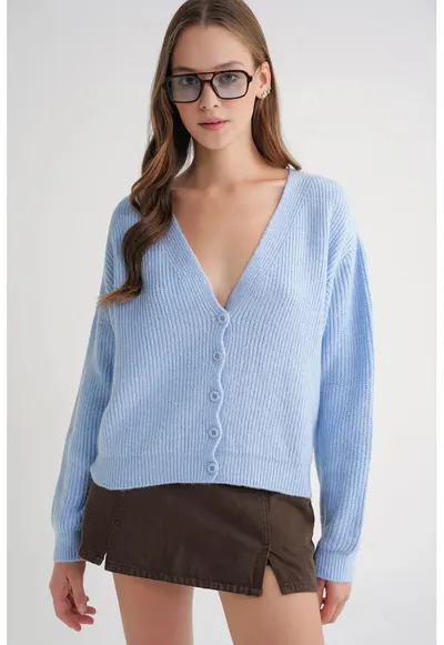 Cardigan dama - cu nasturi - decolteu in V - albastru deschis - tricot