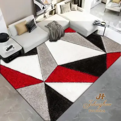 Covor 200x300cm pentru Dormitor si Living, Gri - Rosu - Alb - Negru