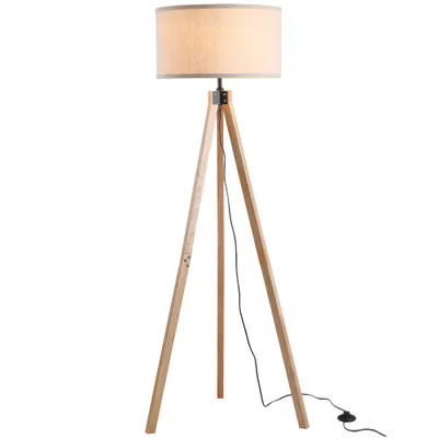 HOMCOM Modern Design Three Legged Floor Lamp Vertical Decoration Lamp, Bedroom and Office, Beige Lampshade HOMCOM Lampada da terra treppiede in legno con lampadine E27 moderno per camera ufficio paralume beige Ф45 x 152cm