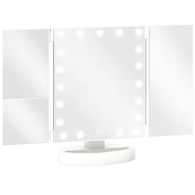 HOMCOM Oglindă Machiaj cu Lumină Mărire 1X/2X/3X Rotație Liberă de 180° 21 LED-uri Comutator Tactil Alb | Aosom Romania