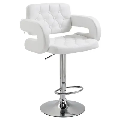 HOMCOM Scaun inalt de bar cu Spatar si Brate, Reglabil, Rotativ din Piele sintetica Alba, pentru Bucatarie sau Pub, 64x50x94-114cm | Aosom Romania