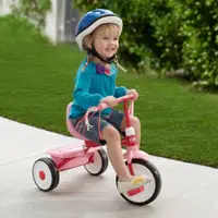 Tricicleta pentru copii Radio Flyer Fold 2 Go Pink pliabila, cu scaun reglabil in inaltime, in functie de varsta, roti silentioase, panglici decorative si compartiment pentru depozitare