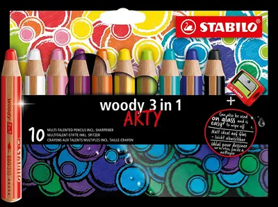 Set de creioane colorate Stabilo Woody 3 in 1 - Arty, 10 culori , cu ascuțitor