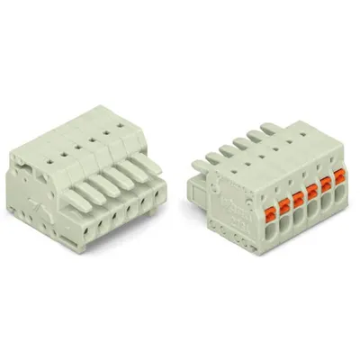 1-conductor female plug; 100% protected against mismating; push-button; Strain relief plate; 1.5 mm²; Pin spacing 3.5 mm; 6-pole; 1,50 mm²; light gray