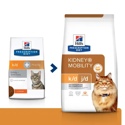 HILL'S Prescription Diet k/d+j/d Kidney Care + Mobility, Pui, dietă veterinară pisici, hrană uscată, afecțiuni renale și articulare HILL'S Prescription Diet k/d+j/d Kidney Care + Mobility, Pui, dietă veterinară pisici, hrană uscată, sistem renal, sistem