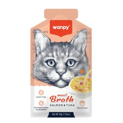 WANPY Meat Broth, Somon și Ton, plic hrană umedă pisici, (supă), 50g