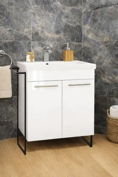 Set Baza front MDF si Lavoar seria 754, cadru metalic, montata, 60 cm, alb