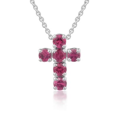 Lant cu pandantiv cruce din aur alb cu rubine de 0.72ct