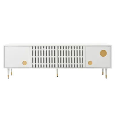Comodă TV cu front din plasă metalică și accente aurii, 4 uși, 170x36x54 cm, Alb
