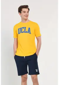 Tricou regular fit cu decolteu la baza gatului si imprimeu logo - Galben