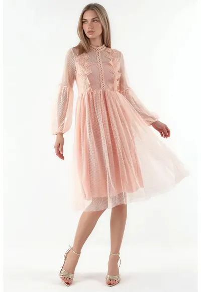 Rochie Midi A-Line Dantela - Roz Pudra - Tul - Maneci Lungi
