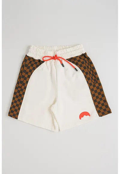 Pantaloni scurti cu snur si model in carouri - Alb fildes/Negru/Maro
