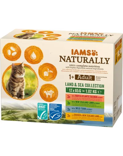 IAMS Naturally Adult Land&sea collection Hrana uscata pentru pisici adulte, cu mix de arome de carne si peste 4 x 85 g