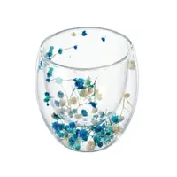 Pahar cu inserție de flori uscate, floarea miresei alb și albastru, pereți dubli, sticlă borosilicată, 250 ml, Aurora Bloom