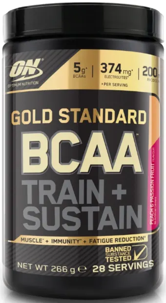 Gold Standard BCAA Train + Sustain, piersici și fructul pasiunii, 266 g, Optimum Nutrition