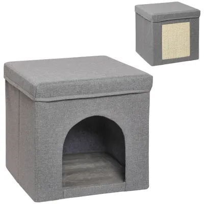 PawHut Căsuță Pliabilă pentru Pisici în Formă de Cub cu Pernă și Tăviță de Zgâriat, 36.5x36.5x36.5 cm, Gri | Aosom Romania