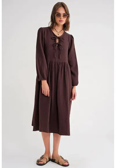 Rochie Midi - HiCCUP - decolteu in V - inchidere cu siret - maro - textil