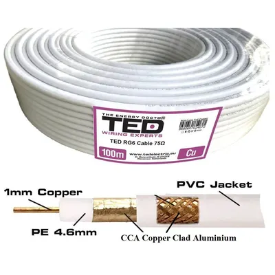Cablu coaxial TED 75 ohm RG6 CU si tresa CCA , rola 100m TED002358
