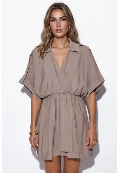 Rochie Mini Casual - Bej Natural - Texturata - Fara inchidere - Maneca scurta