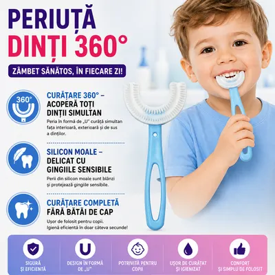 Periuta de dinti pentru copii, 2-7 ani, in forma de U, din silicon, periaj si curatare gingii 360, Bleu