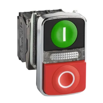 Buton iluminat dublu verde incastrat/rosu proeminent Ø22 1NO+1NC 24V