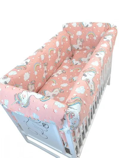 Lenjerie patut cu 5 piese si aparatori Maxi 140x70 cm Croitoria Noastra unicorni