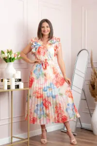 Rochie eleganta plisata Cindy cu imprimeu floral si volane la umeri - Corai
