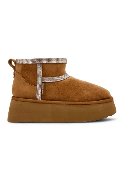 Ghete flatform de piele intoarsa cu strasuri Campfire - Maro