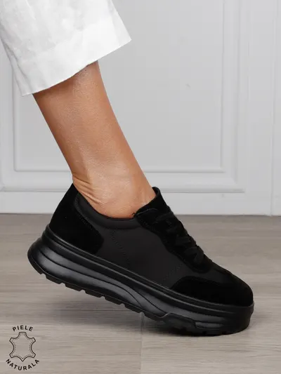 Pantofi Casual damă piele naturala intoarsa cu textil CRL1578 NEGRU