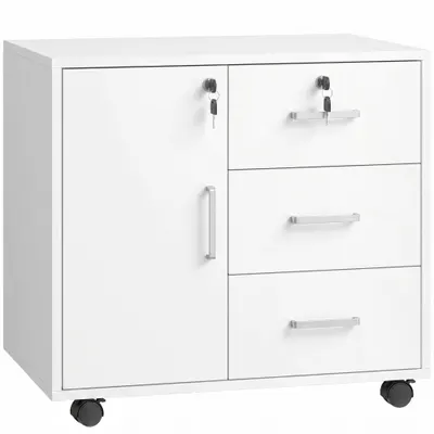 HOMCOM Dulap de Birou cu 3 Sertare și Dulăpior cu 3 Rafturi Reglabile, Sertar pentru Documente, 60x40x56 cm, Alb | Aosom Romania