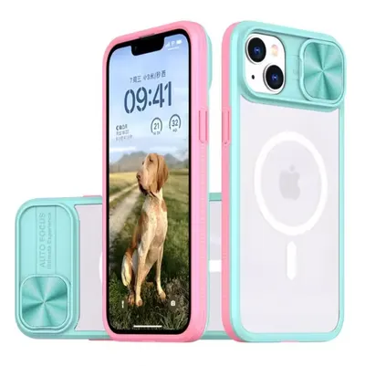 Husa pentru iPhone 14 cu Slider Camera, Protectie camera, Magsafe, Albastru Roz Engros