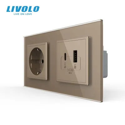 Priza dubla Schuko + USB tip A si tip C, cu rama sticla Auriu